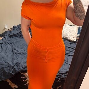 Orange Bodycon Maxi Dress with Drawstring Waist Backless